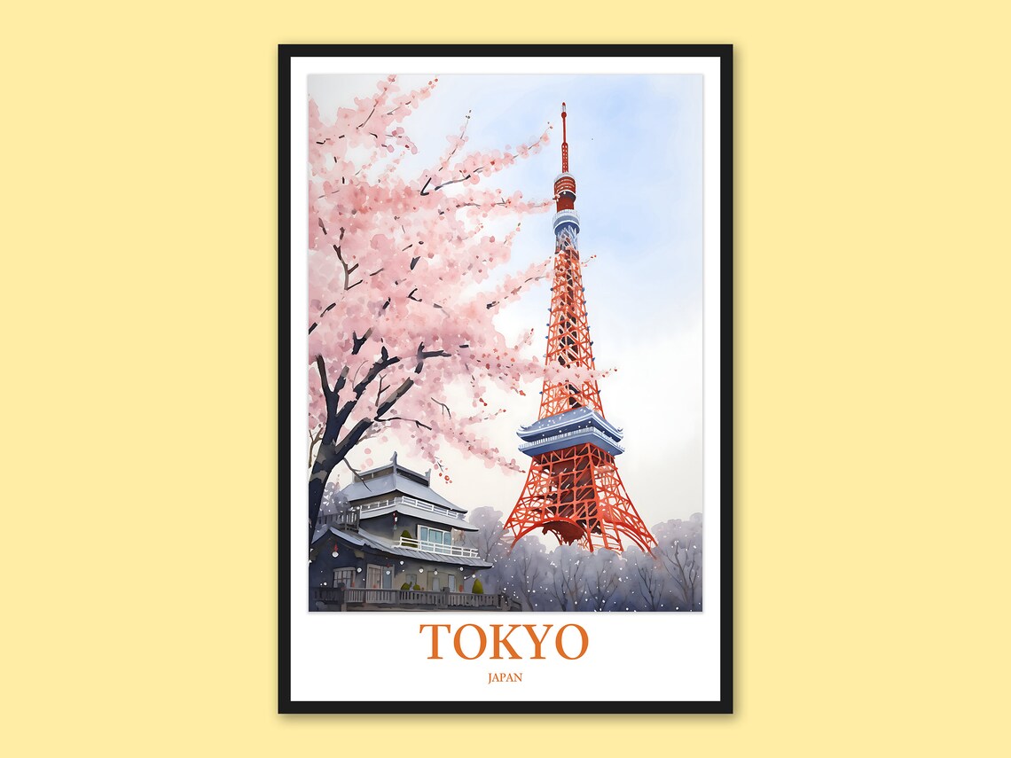 Tokyo Tower Cherry Blossoms Spring Watercolor Japan Travel Poster