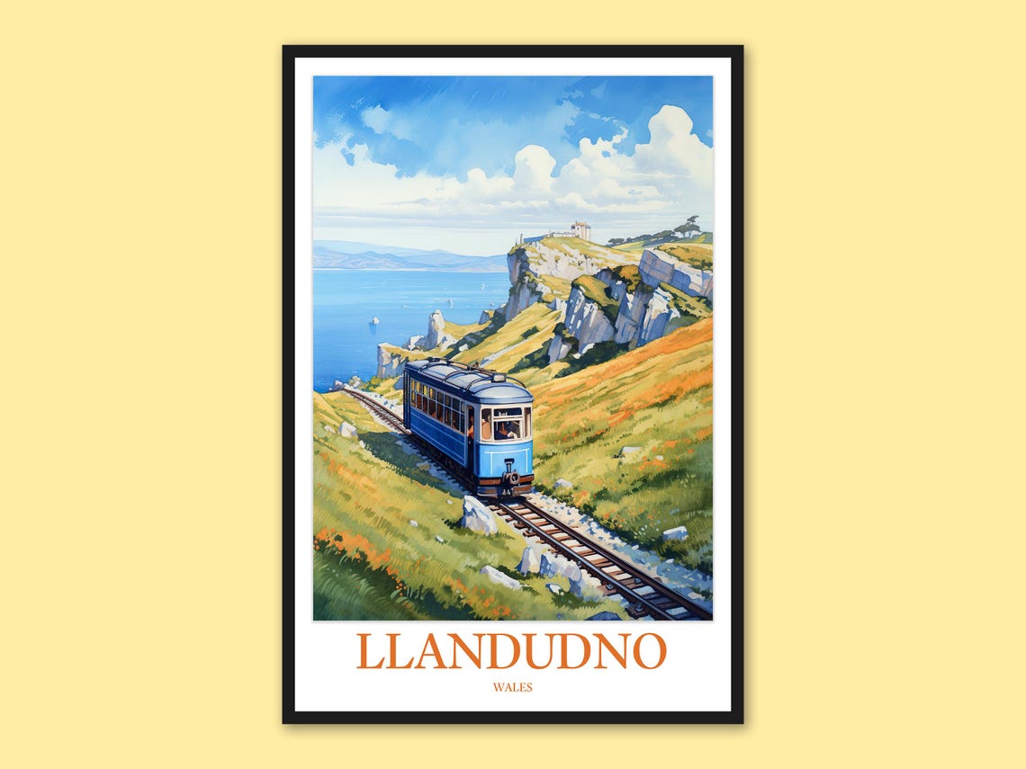 Llandudno Wales Great Orme Cliffs Cable Tram Vintage Travel Art Poster