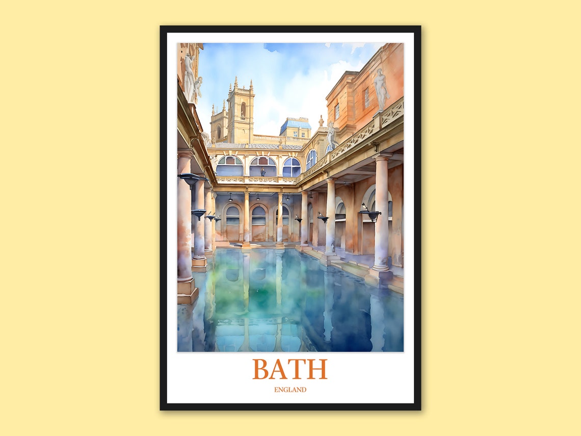 Bath England Roman Baths Interior Watercolor Landmark Poster
