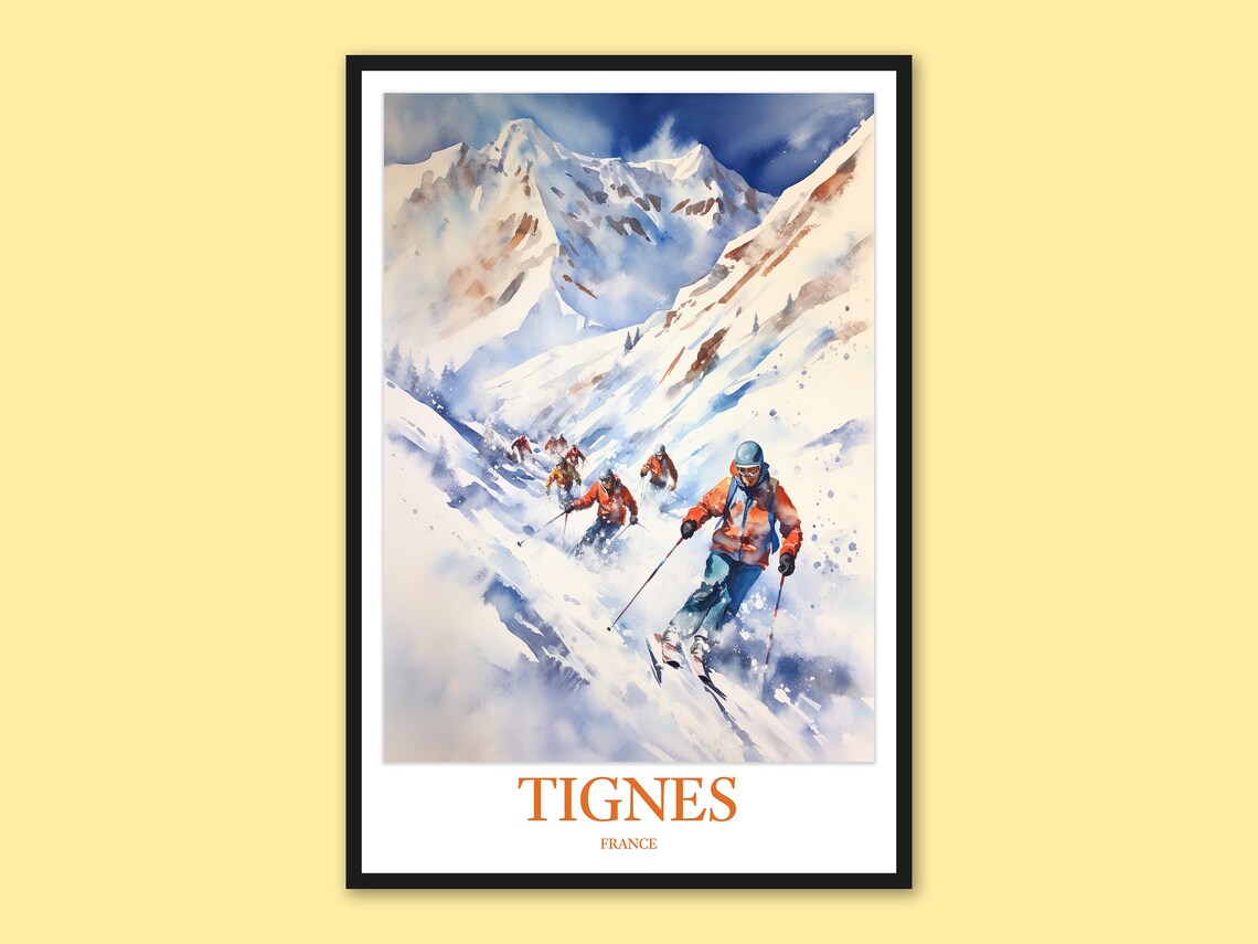 Tignes France Skiers Descending Steep Snowy Alpine Slope Poster