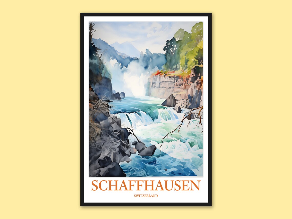 Schaffhausen Switzerland Rocky Rapids Watercolor Falls Poster
