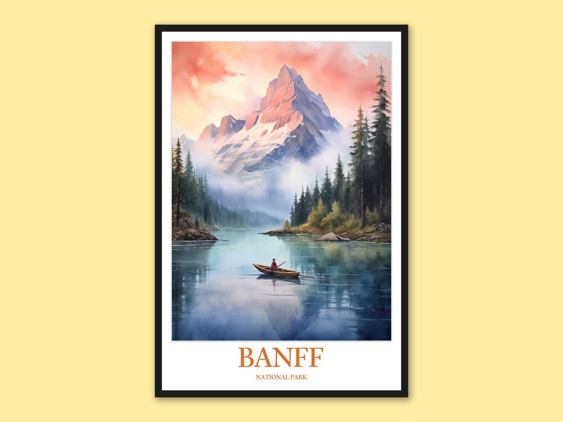 Banff National Park Dawn Red Canoe Under Pink Glacier Peak Poster