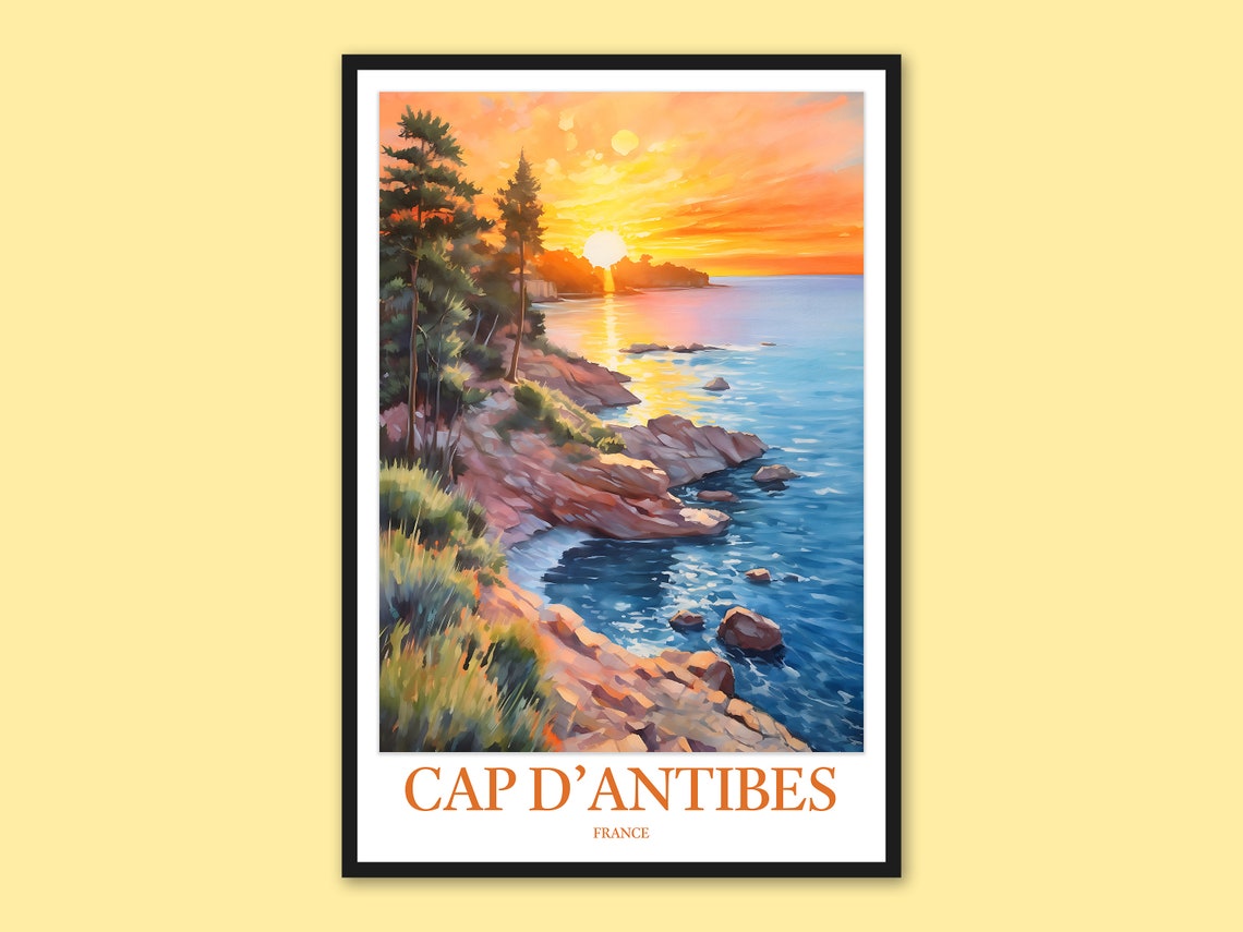 Cap d Antibes Golden Sunset Ocean Rocks France Travel Poster