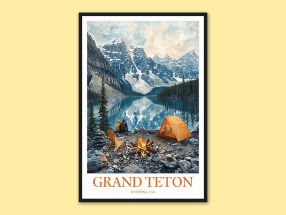 Grand Teton Wall Art Camping Tent And Campfire Travel Poster