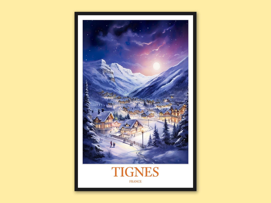 Tignes France Full Moon Alpine Village Snowy Night Scene Poster