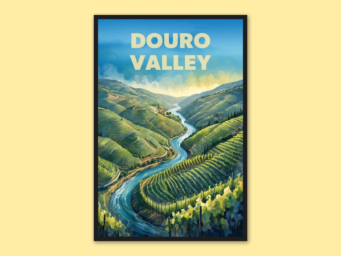 Douro Valley Portugal Terraced Hills River Aerial Travel Poster