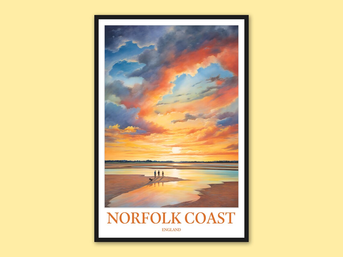 Norfolk Coast England Sunset Beach Travel Poster Golden Sky Artwork