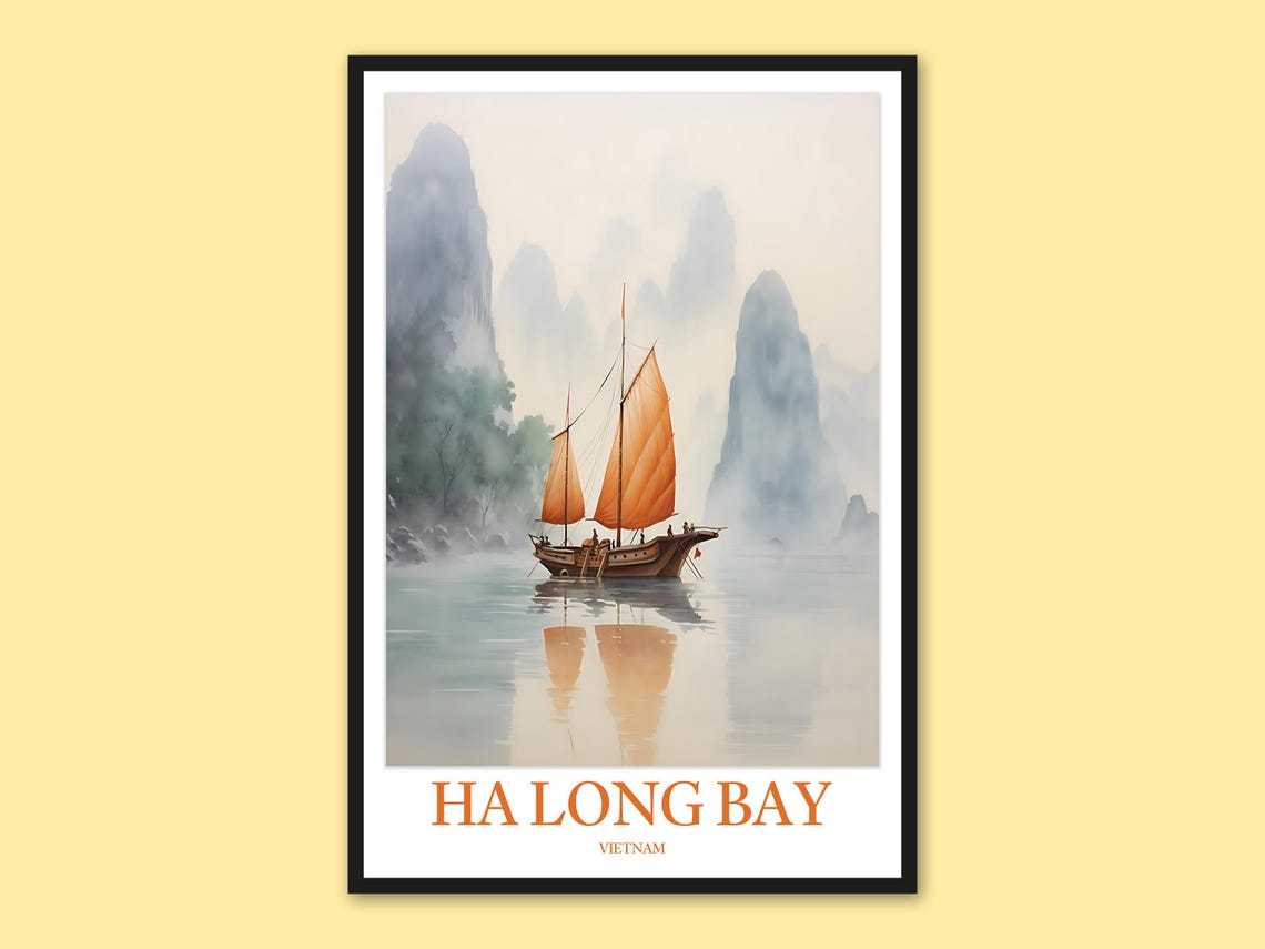 Ha Long Bay Vietnam Orange Sails Reflection Watercolor Poster