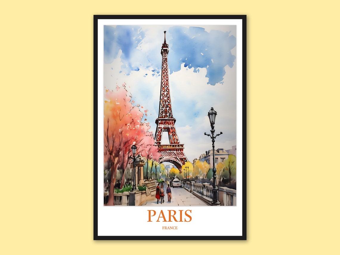 Paris France Eiffel Tower with Spring Blossoms Watercolor Poster