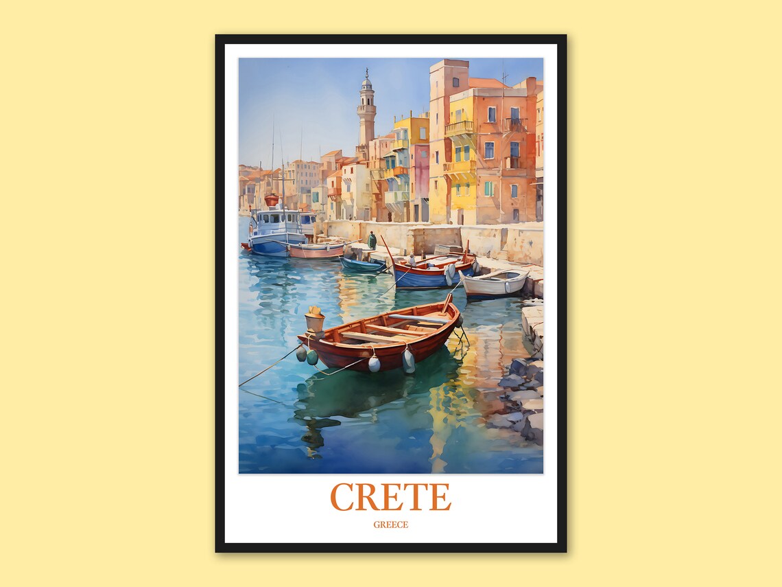 Crete Greece Harbor Fishing Boats Colorful Buildings Art Poster