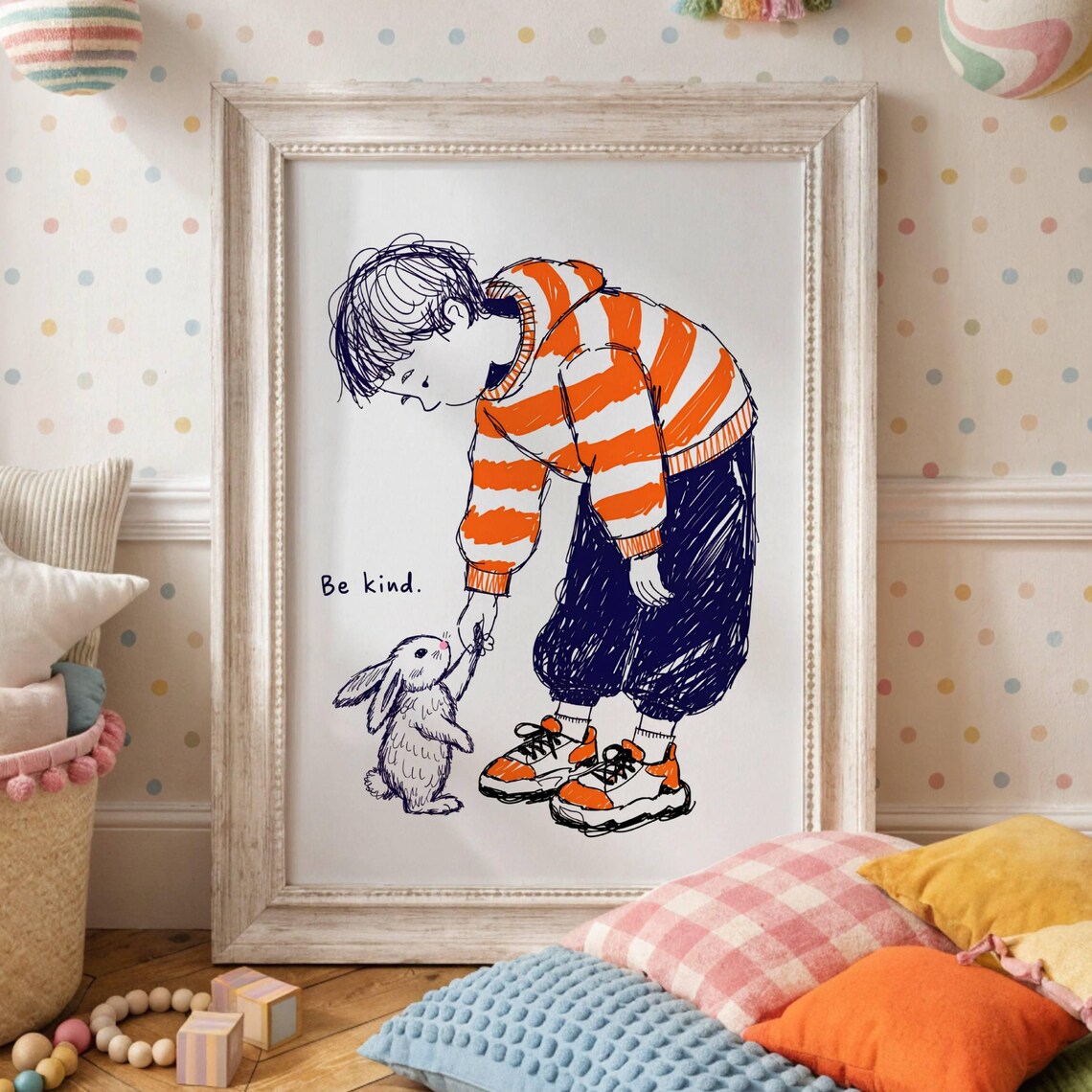 Be Kind Bunny Kids Nursery Positive Quote Boy Petting Rabbit Poster