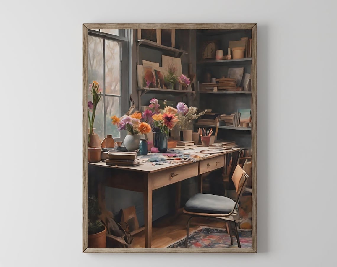 Cozy Artist Studio Desk with Flowers Vintage Interior Painting Print