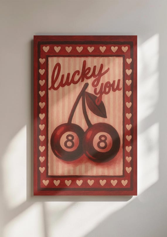 Lucky You Wall Art Print Red Cherry 8 Ball Retro Decor Vintage Acrylic Painting Style Artwork