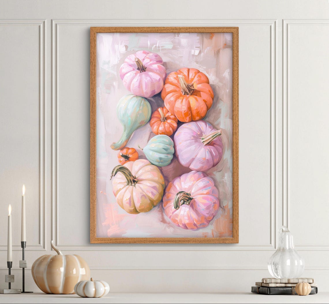 Pastel Pumpkin Wall Art Print Fall Autumn Pumpkins Painting Modern Halloween Decor Thanksgiving Poster