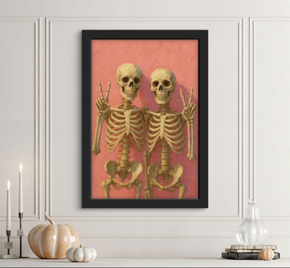 Skeleton Peace Sign Wall Art Retro Halloween Spooky Pink