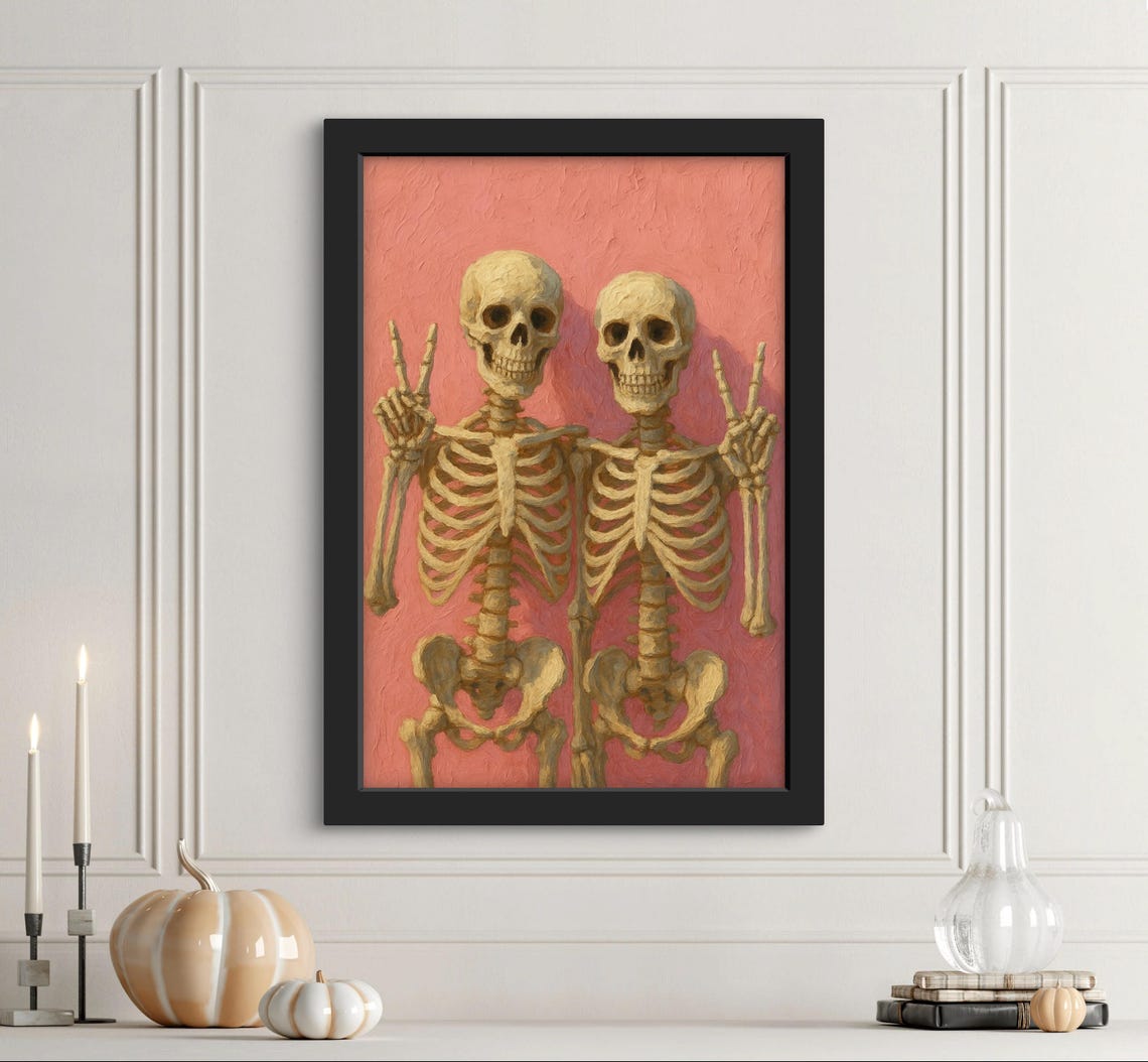 Skeleton Peace Sign Wall Art Retro Halloween Spooky Pink