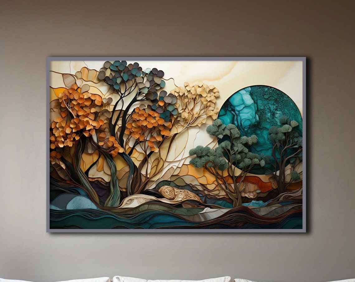 Surreal Landscape Abstract Wall Art Nature Inspired Print Bold Colors Of Teal And Orange Home Decor Modern Wall Art Bedroom Art Unique