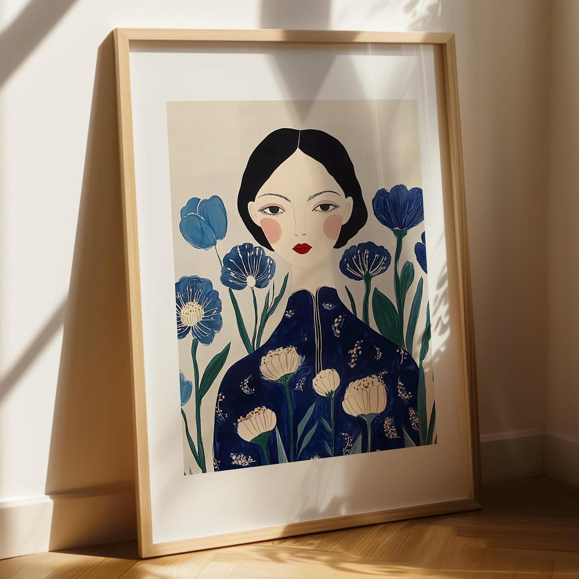 Woman Among Blue Flowers Whimsical Modern Portrait Art Print