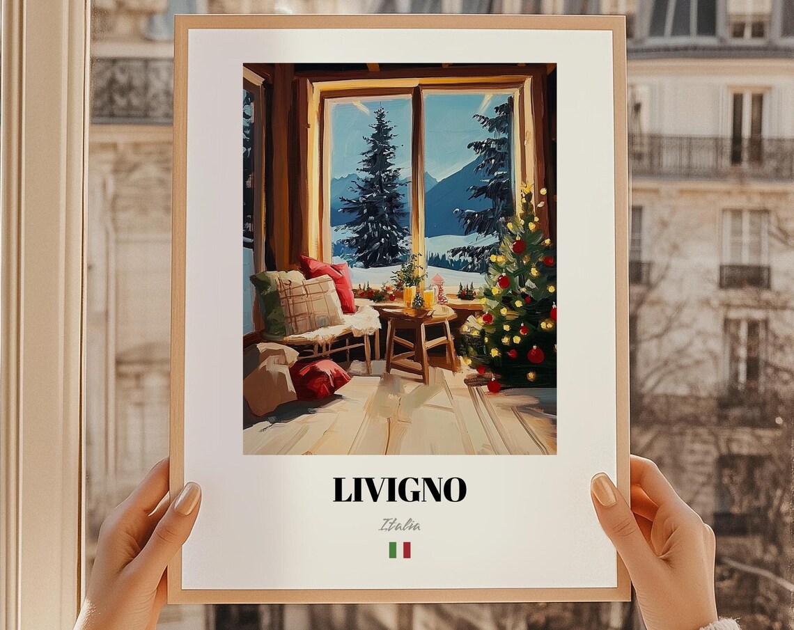 Livigno Italia Cozy Cabin Christmas Tree Snowy View Art Poster