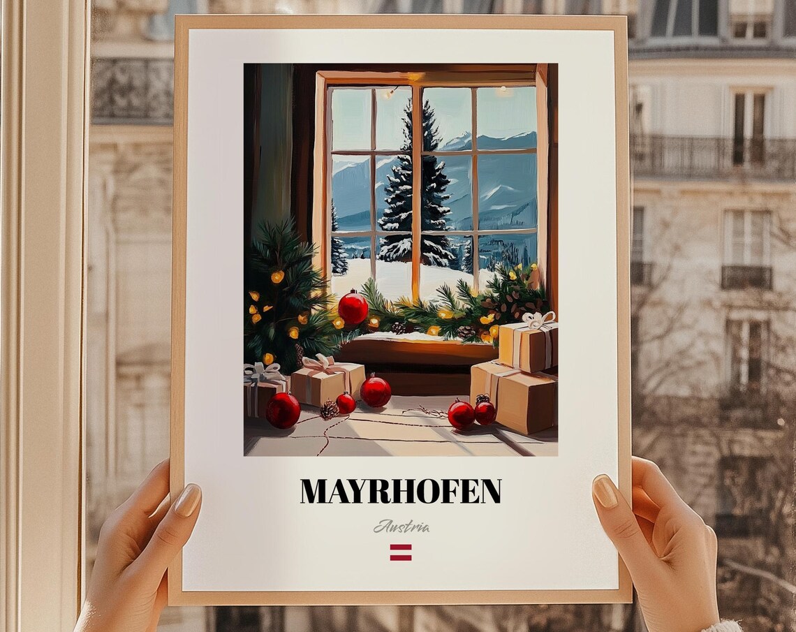 Mayrhofen Austria Christmas Window Red Ornament Scene Poster