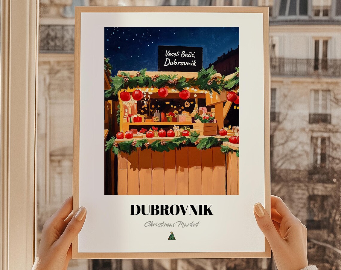 Dubrovnik Christmas Market Night Stall With Red Ornaments Poster