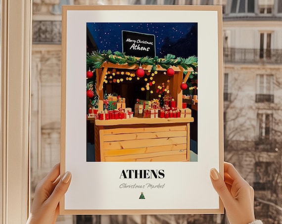Athens Christmas Market Night Stall Greece Holiday Travel Poster