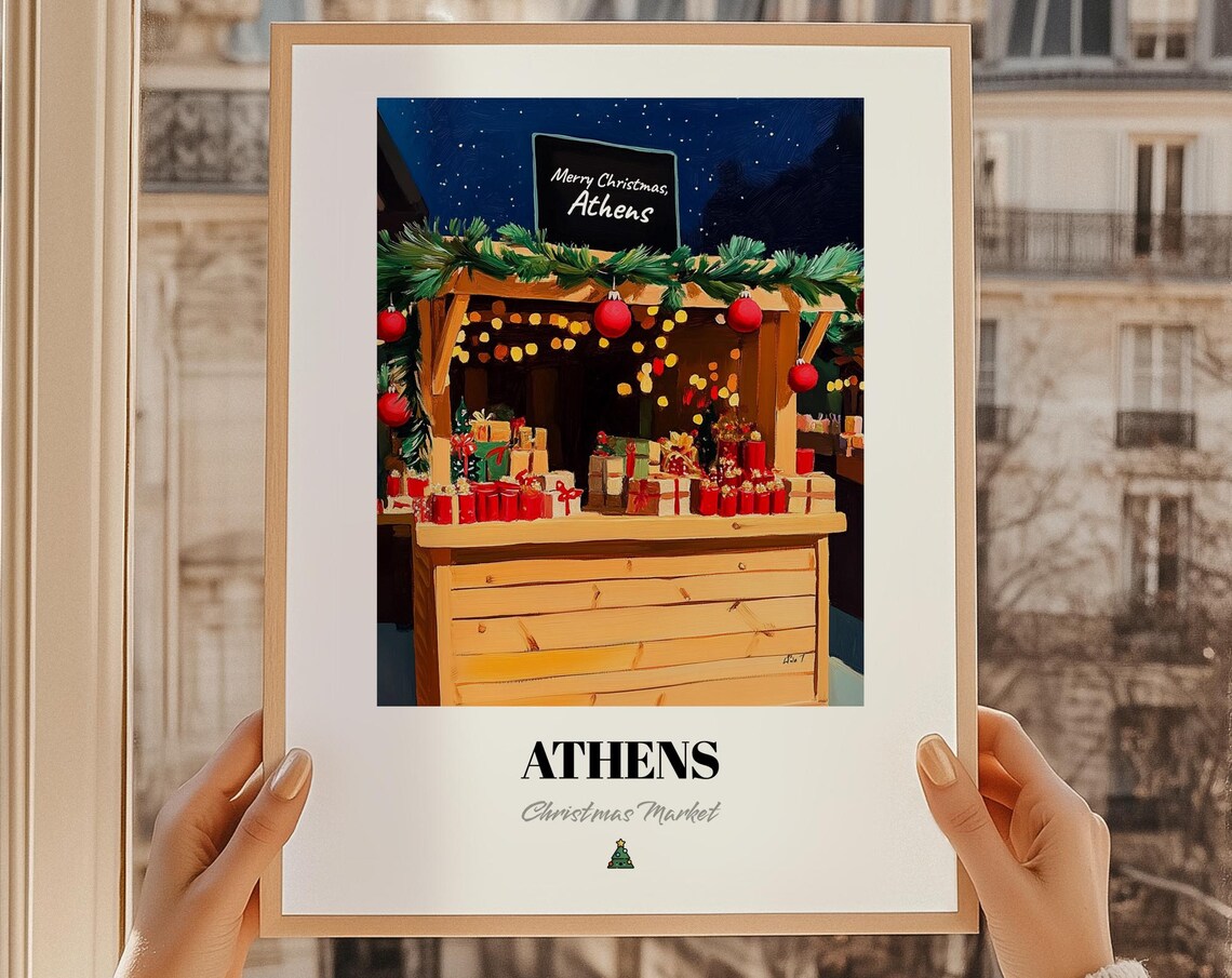 Athens Christmas Market Night Stall Greece Holiday Travel Poster