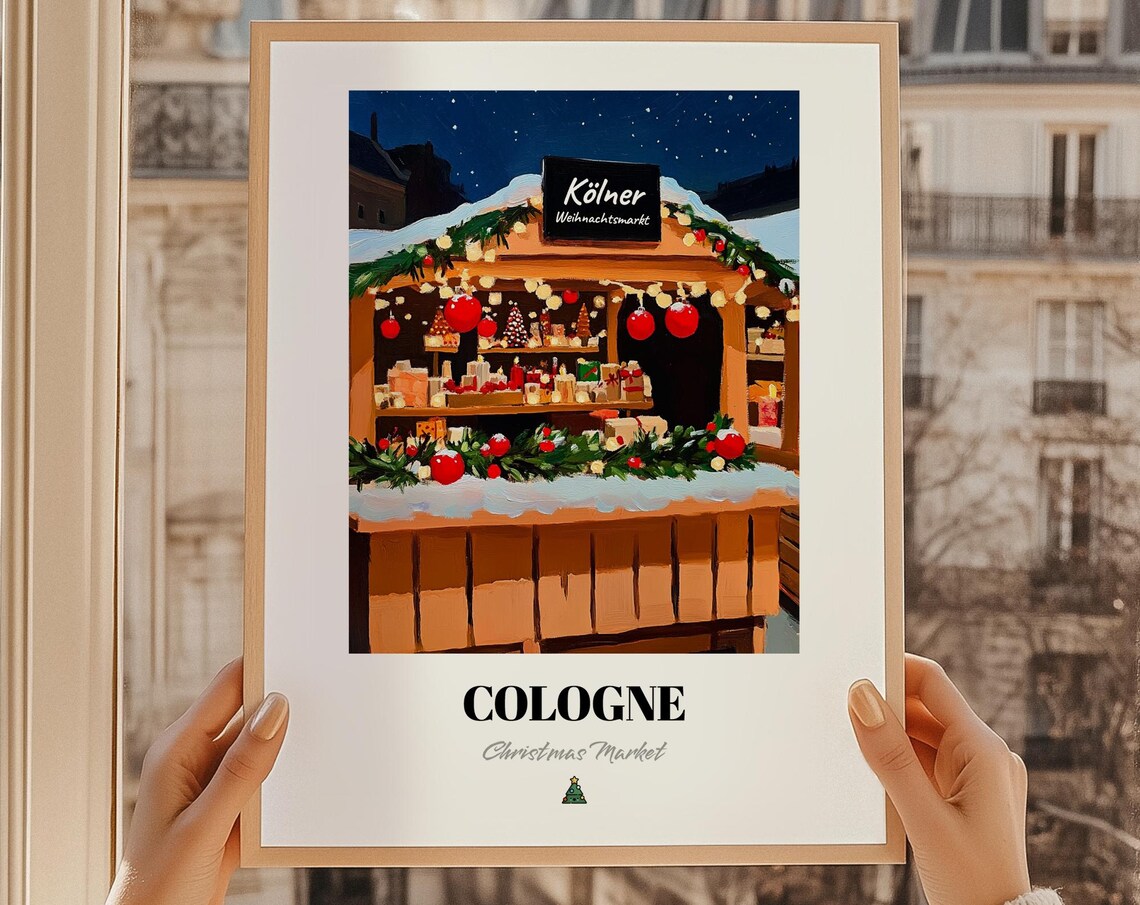 Cologne Christmas Market Wooden Stall Snow Night Holiday Poster