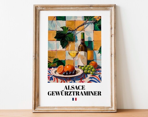 Vintage Alsace Gewrztraminer Art Print Poster White Wine Artwork For Kitchens