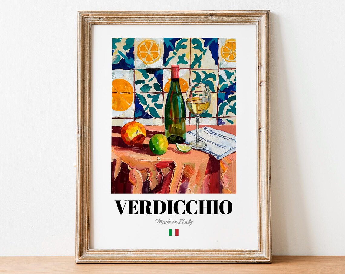 Vintage Verdicchio Bottle Print Poster Italian Vineyard Art For Homes