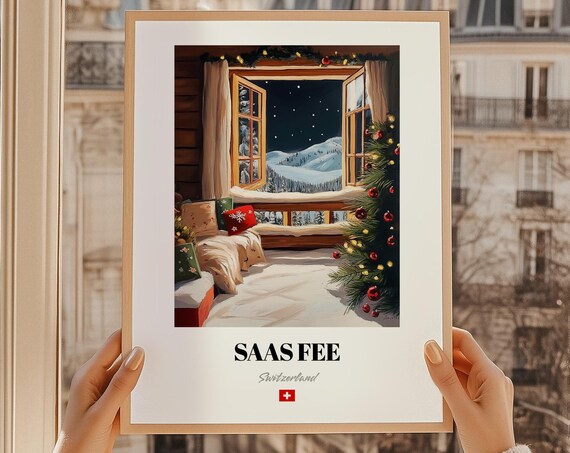 Saas Fee Switzerland Ski Resort Wall Art Print Poster Christmas Gift