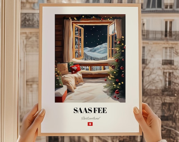 Saas Fee Switzerland Snowy Night Window View Christmas Cabin Poster
