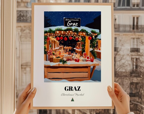 Graz Austria Christmas Market Poster Snowy Night Stall Holiday Travel Art