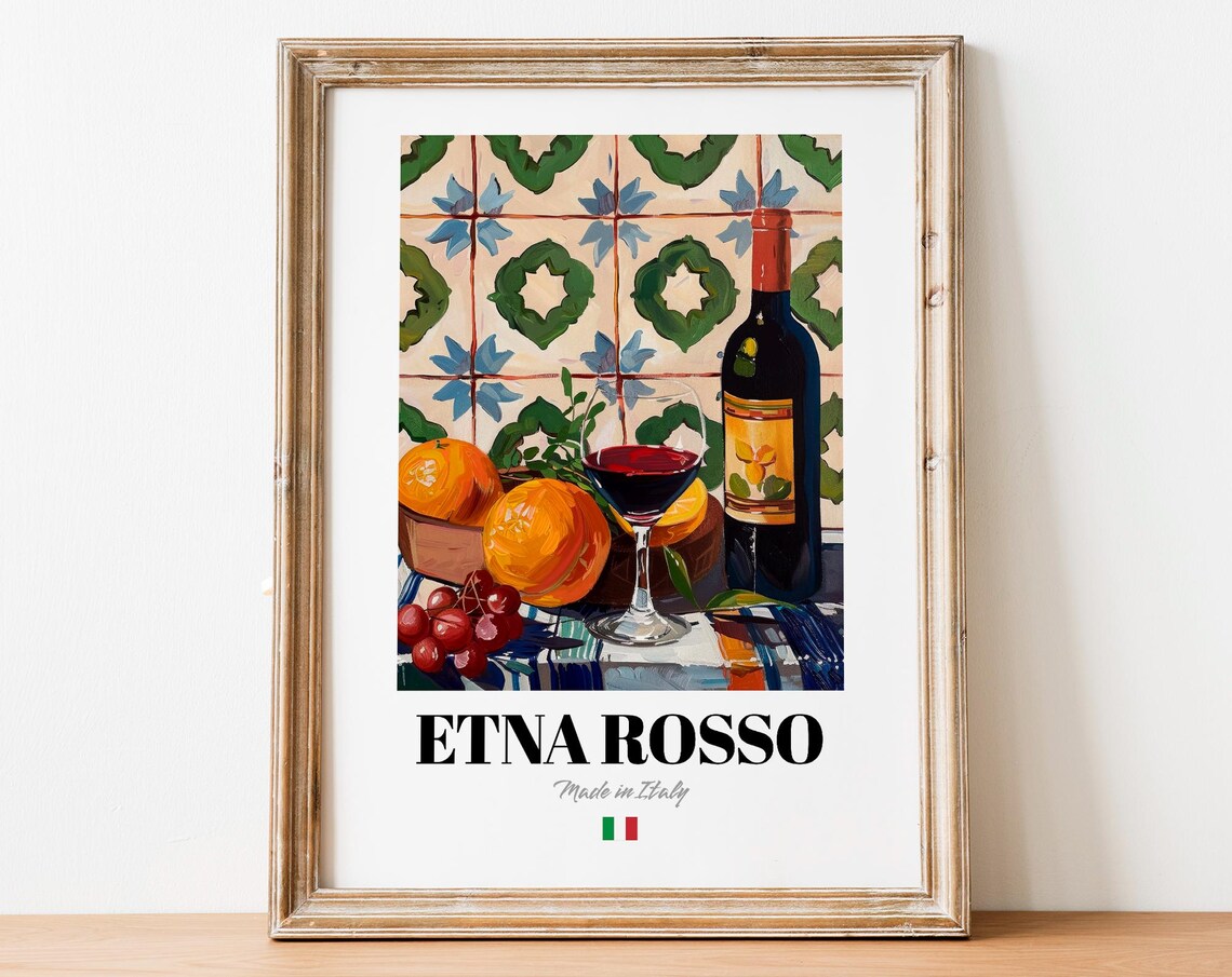 Vintage Etna Rosso Bottle Poster, Italian Vineyard Art