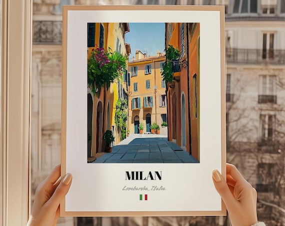 Milan Italy Colorful Alley Flower Balconies Oil Painting Style Poster