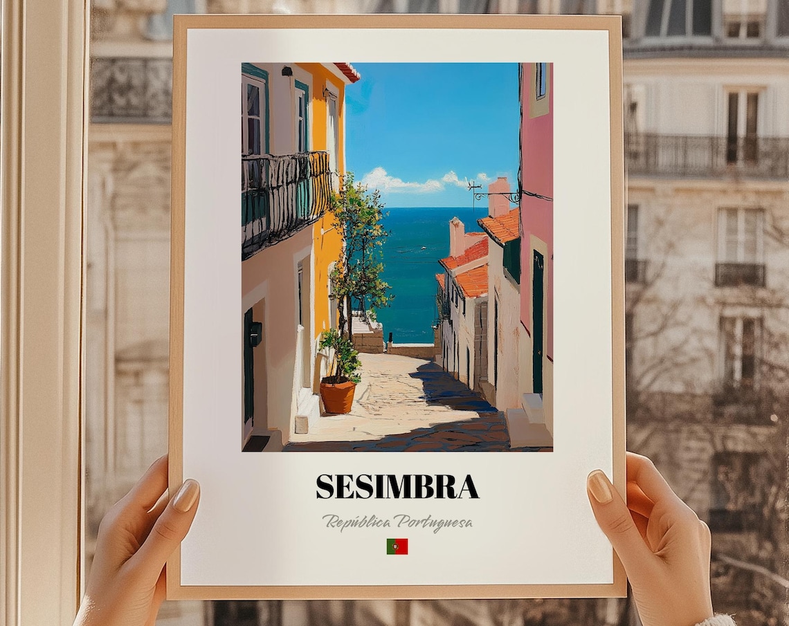 Sesimbra Portugal Coastal Street Oil Painting Style Travel Poster