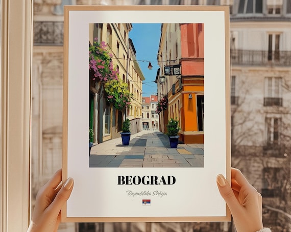 Beograd Serbia Charming Flowered Old Street Oil Painting Poster