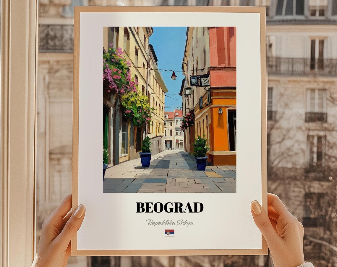 Beograd Serbia Charming Flowered Old Street Oil Painting Poster