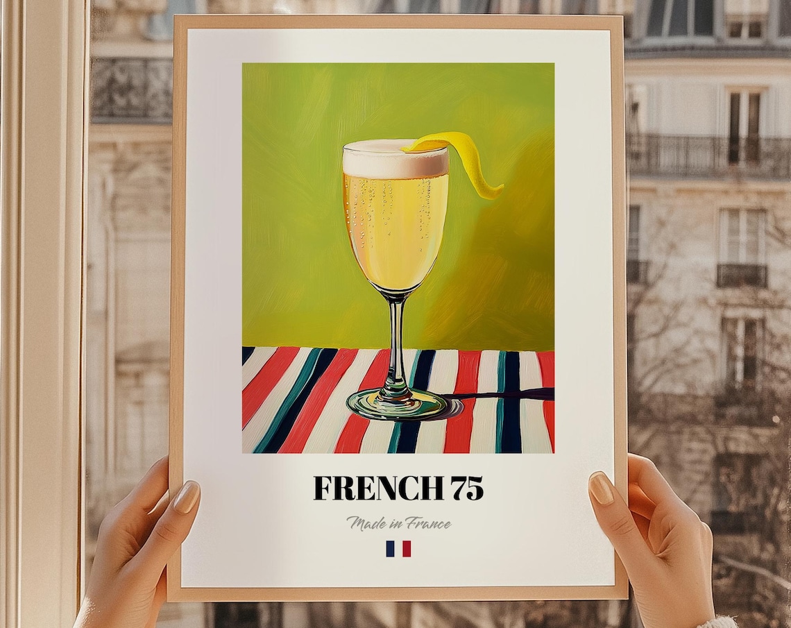French 75 Champagne Cocktail Lemon Twist Made in France Bar Poster