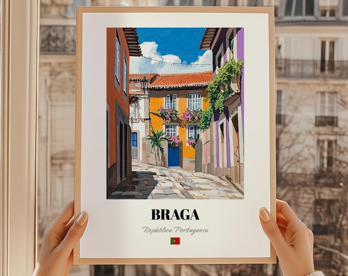 Braga Portugal Cobblestone Lane Oil Painting Style Travel Poster