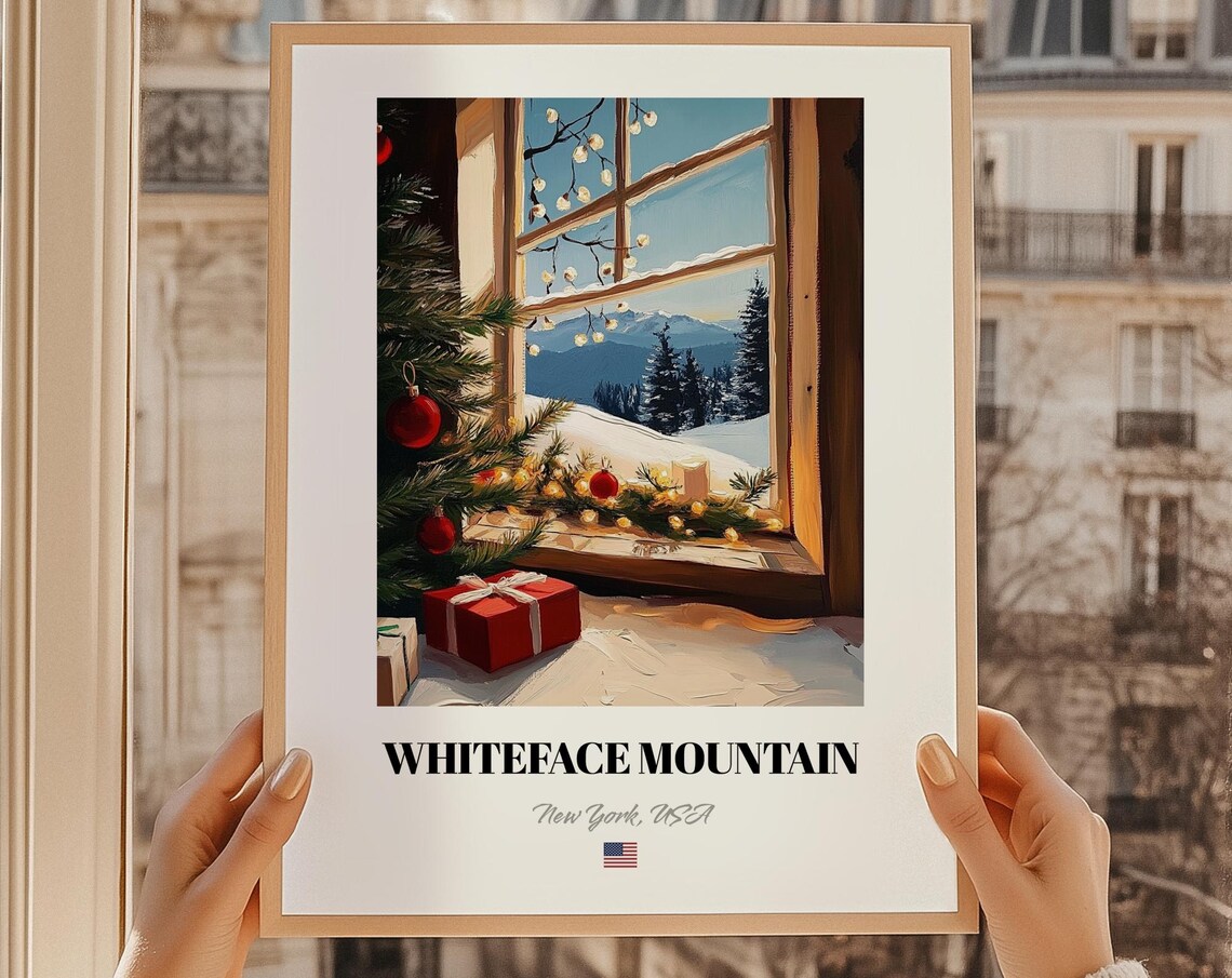 Whiteface Mountain New York Christmas Window Snowy Lights Poster