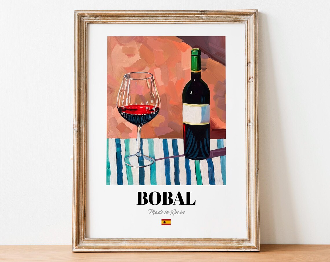 Bobal Made in Spain Red Wine Bottle Glass Pink Blue Striped Poster