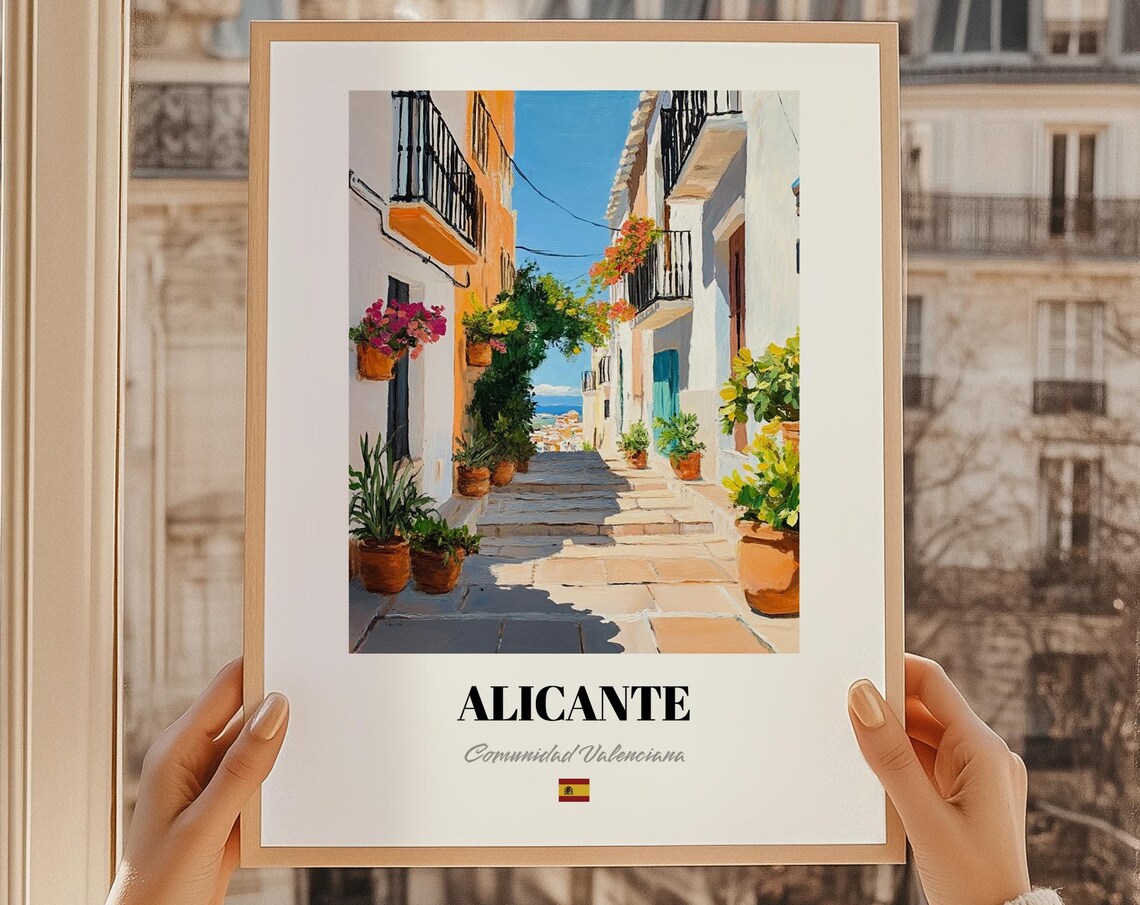 Alicante Spain Flower Filled Sunny Old Town Alley Oil Painting Poster