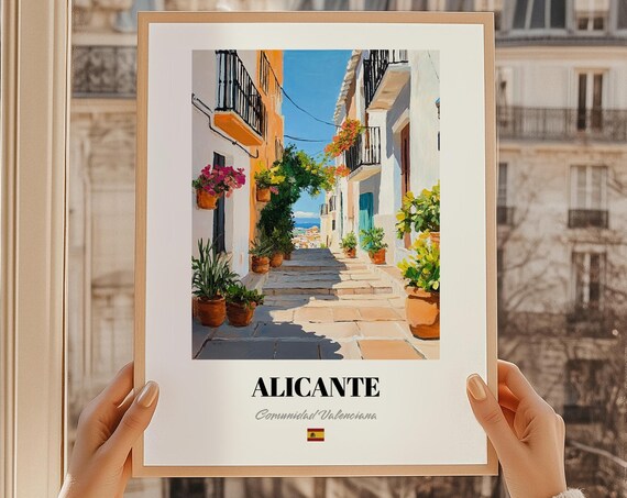 Alicante Spain Flower Filled Sunny Old Town Alley Oil Painting Poster
