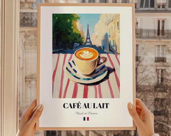 Cafe au Lait French Coffee Cup Eiffel Tower Street Scene Poster