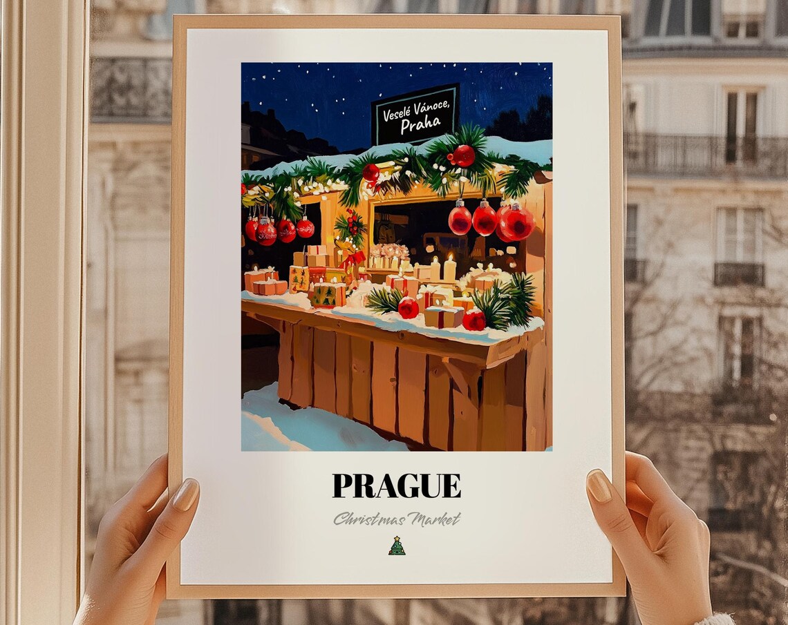 Prague Christmas Market Poster Night Stall Gifts Holiday Travel Art