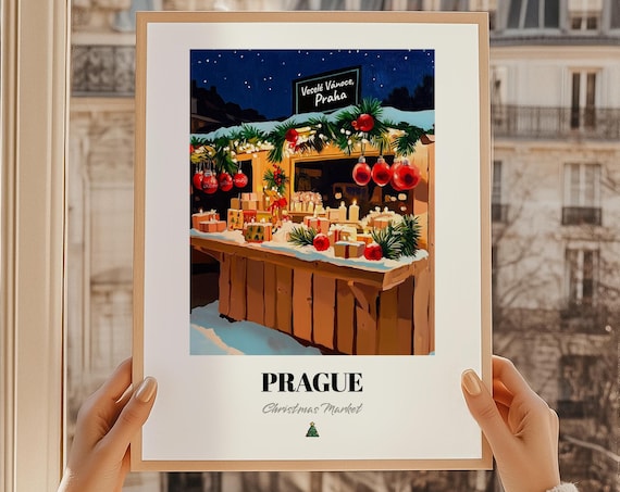 Prague Christmas Market Poster Night Stall Gifts Holiday Travel Art