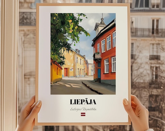 Liepaja Latvia Oil Painting Charming Street Scene Travel Poster