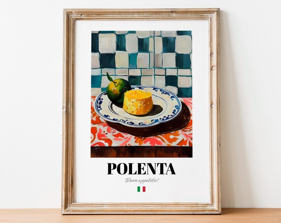 Italian Polenta Baked Dish Poster Teal Tiles Rustic Kitchen Wall Decor