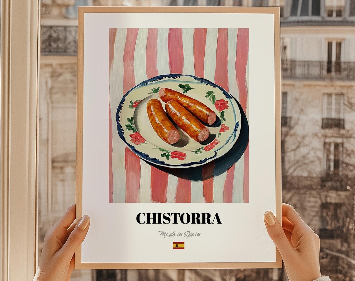 Chistorra Spanish Sausage Floral Plate Painting Rustic Kitchen Poster